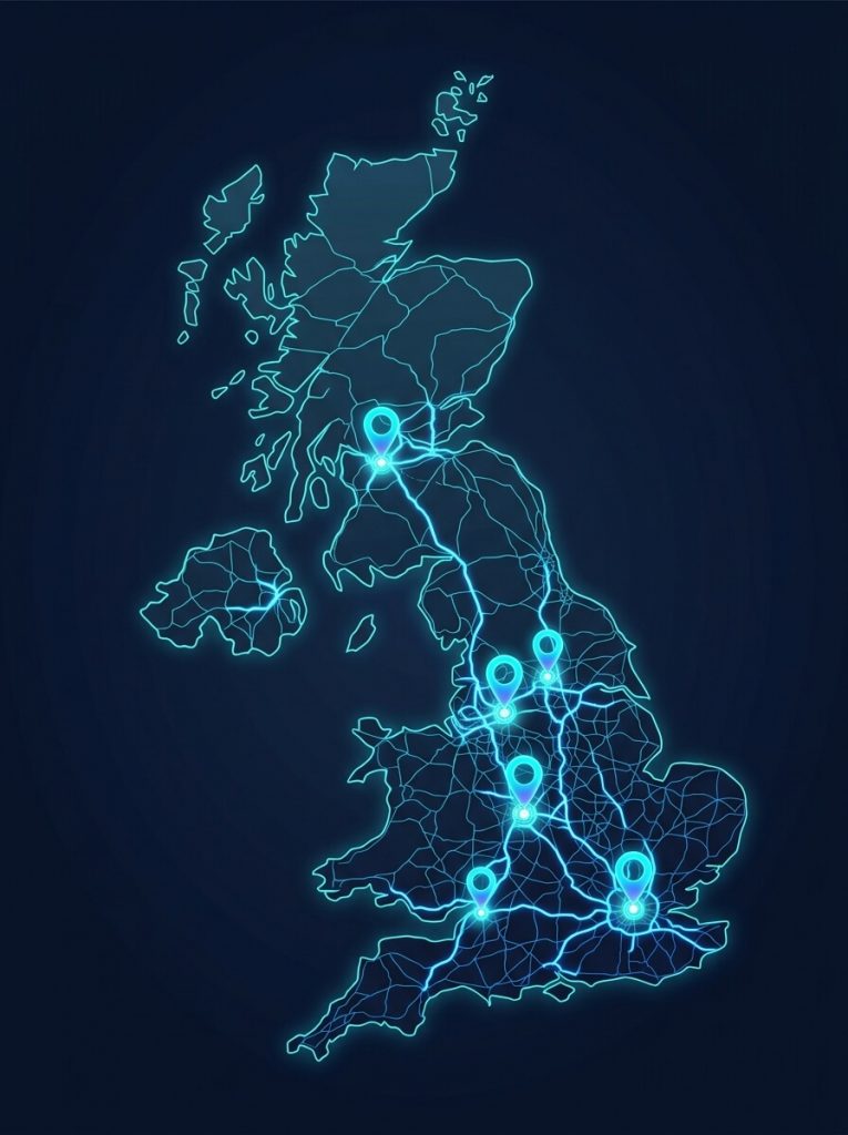 Neon-style map of the UK highlighting key routes and locations, showing Nationwide Logistix’s nationwide same day delivery coverage across major regions.